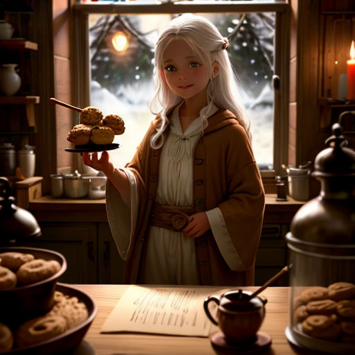 a woman holding a plate of food in front of a window with a snow covered tree outside of it