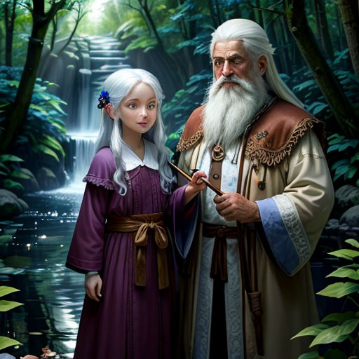 a painting of a man and a girl standing in front of a waterfall in the woods with a waterfall in the background