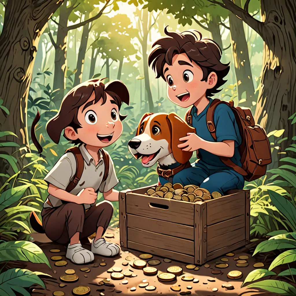 a boy and a boy with a dog in a forest with a box of coins and a dog in the woods, serial art, a storybook illustration, Diego Gisbert Llorens, official art