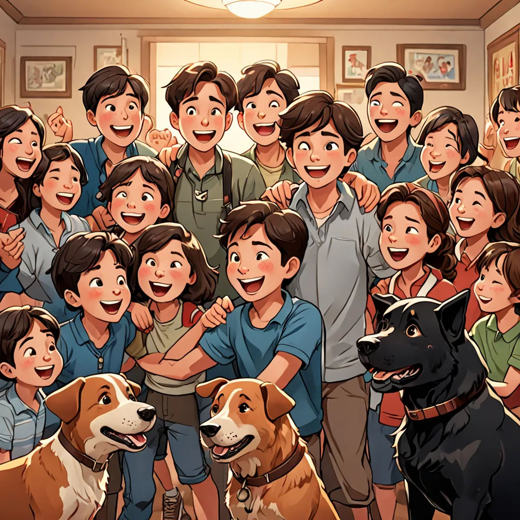 a group of people standing next to each other with a dog in front of them and a dog on the ground, serial art, a storybook illustration, Choi Buk, official art