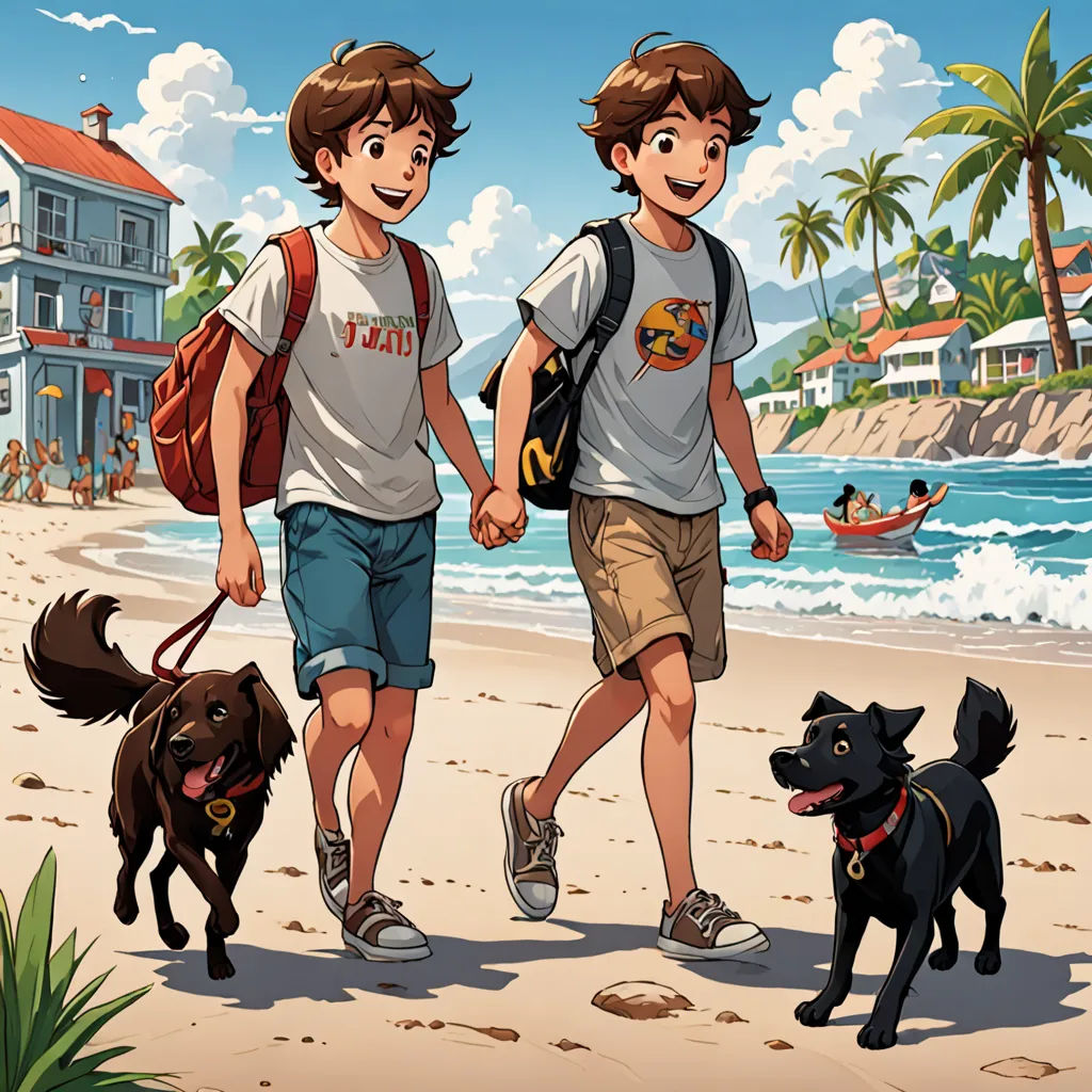 two boys walking on the beach with their dogs and a dog carrying a backpack and a backpack on his back, sots art, a storybook illustration, Cedric Seaut (Keos Masons), official art