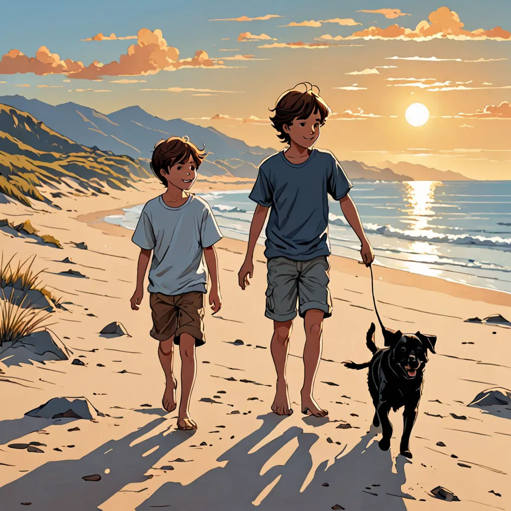 a boy and a boy walking a dog on a beach at sunset with the sun setting behind them and the ocean in the background, environmental art, a comic book panel, Brothers Hildebrandt, graphic novel