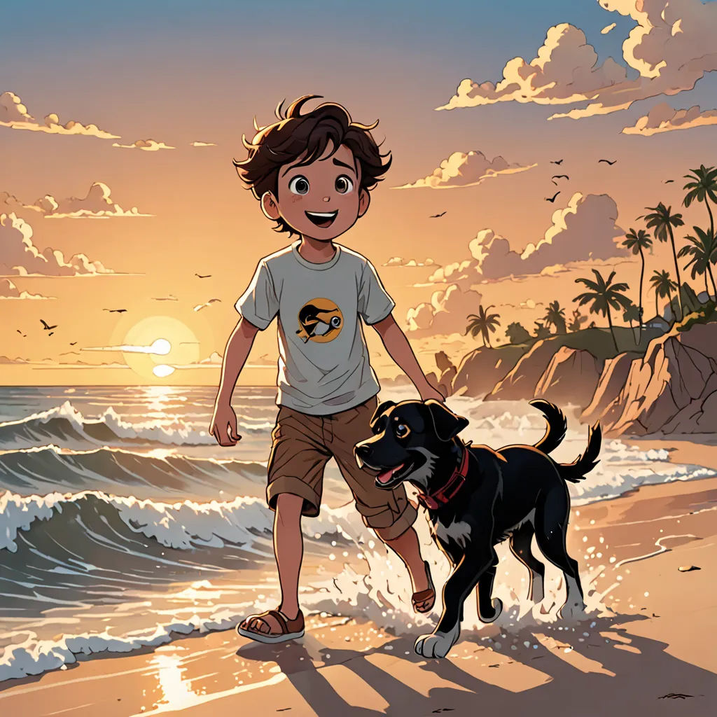 a boy and his dog are playing on the beach at sunset or sunrise time, with the sun setting, dau-al-set, a comic book panel, Asaf Hanuka, comic cover art