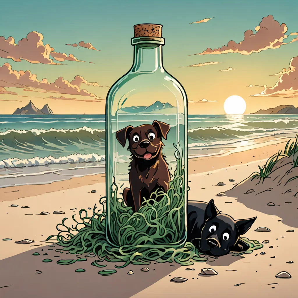a bottle with a dog inside and a cat inside on the beach with a sunset in the background and a dog in the grass, environmental art, a storybook illustration, Asaf Hanuka, comic cover art