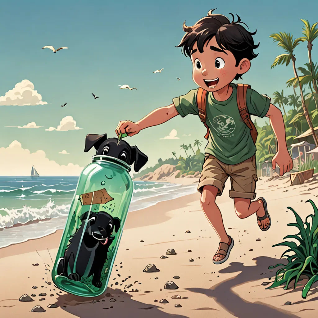 a boy running on the beach with a bottle of water in his hand and a dog in the sand, environmental art, a storybook illustration, Asaf Hanuka, comic cover art