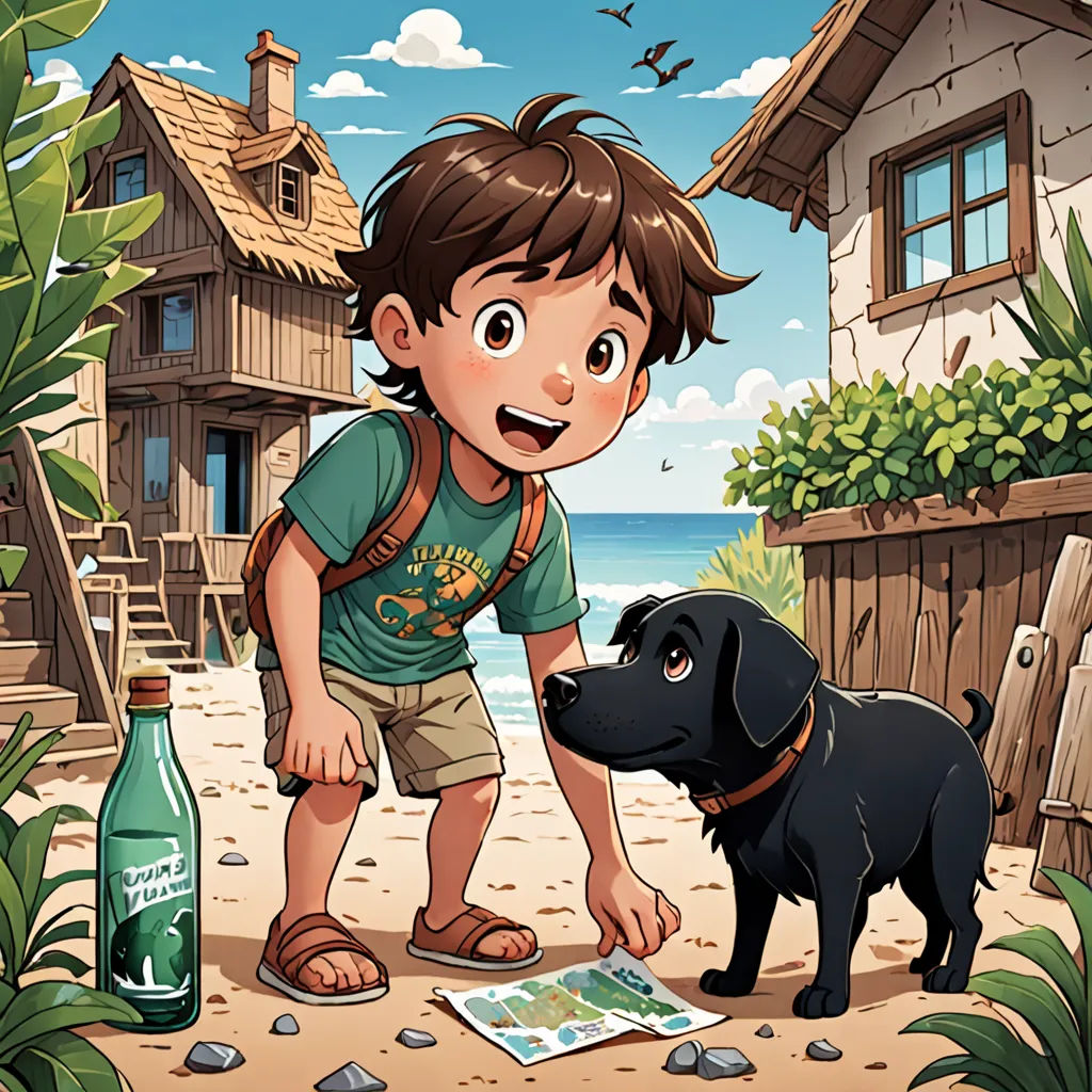 a boy and a dog looking at a map on the beach with a house in the background and a bird flying overhead, environmental art, a storybook illustration, Diego Gisbert Llorens, comic cover art