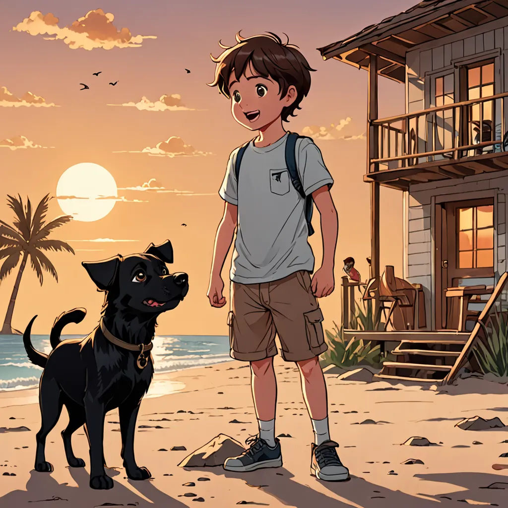 a boy and a dog on a beach at sunset with a house in the background and a person standing on the beach, plein air, a comic book panel, Asaf Hanuka, official art
