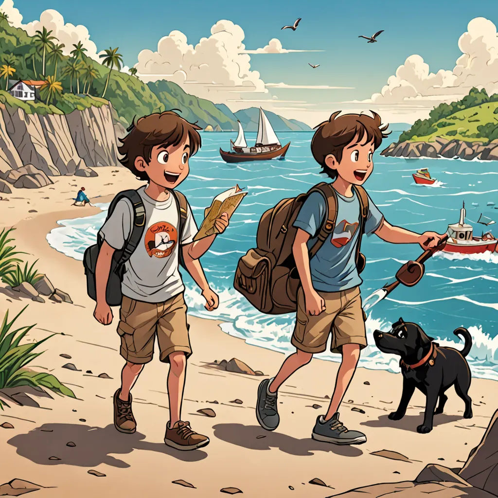 two boys walking on the beach with a dog and a boat in the background, and a dog on the beach, plein air, a storybook illustration, Asaf Hanuka, comic cover art