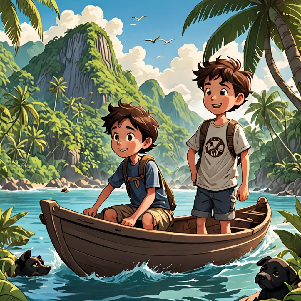 two children are in a boat in the water near a mountain range and a beach with palm trees and a bird flying overhead, plein air, a storybook illustration, Diego Gisbert Llorens, rossdraws global illumination