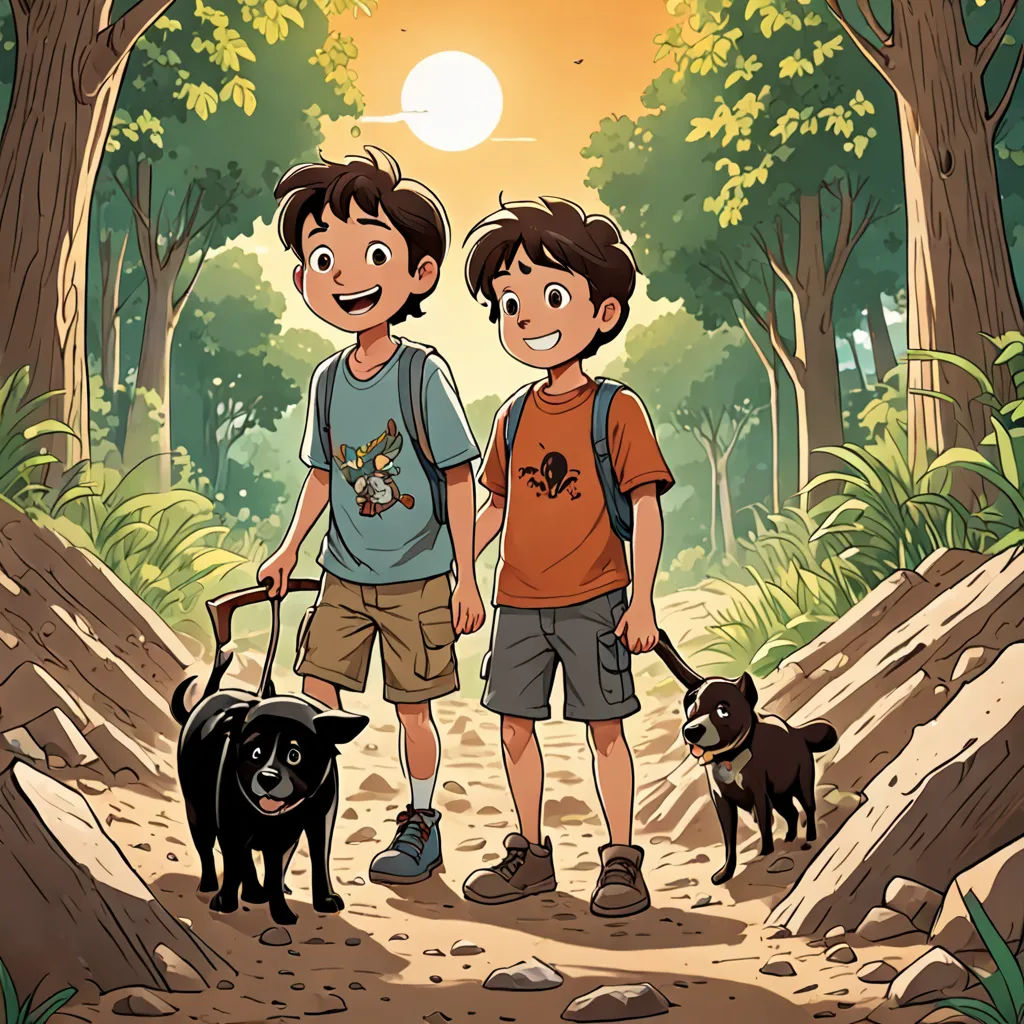 two boys walking with their dogs in the woods at sunset or sunrise time, with the sun shining on them, environmental art, a comic book panel, Asaf Hanuka, comic cover art