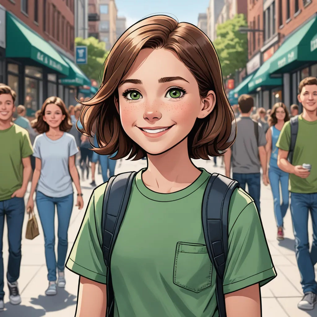 a cartoon of a girl with a backpack on a city street with people walking by her and a man in the background, american realism, a character portrait, Constance Gordon-Cumming, kinkade