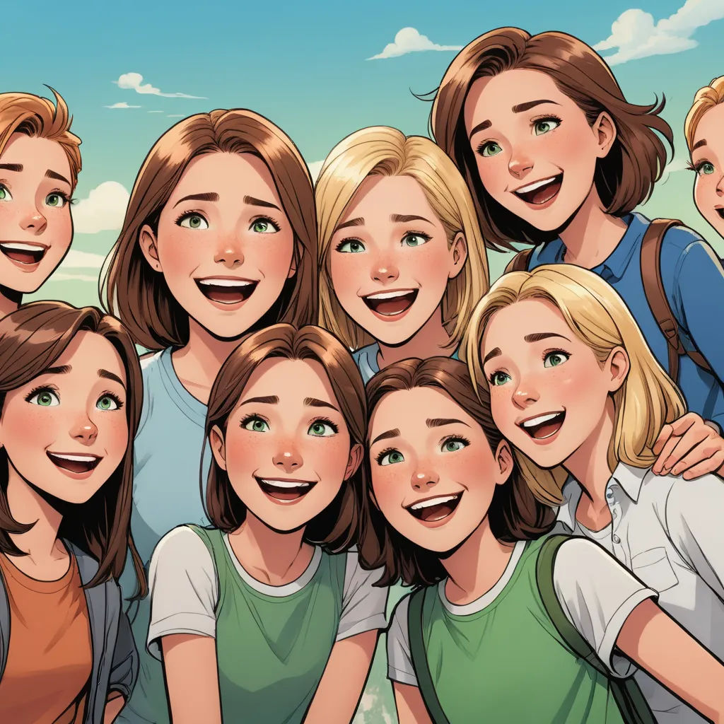 a group of people with a cartoon style of them smiling and posing for a picture together with the sky in the background, incoherents, a comic book panel, disney, graphic novel
