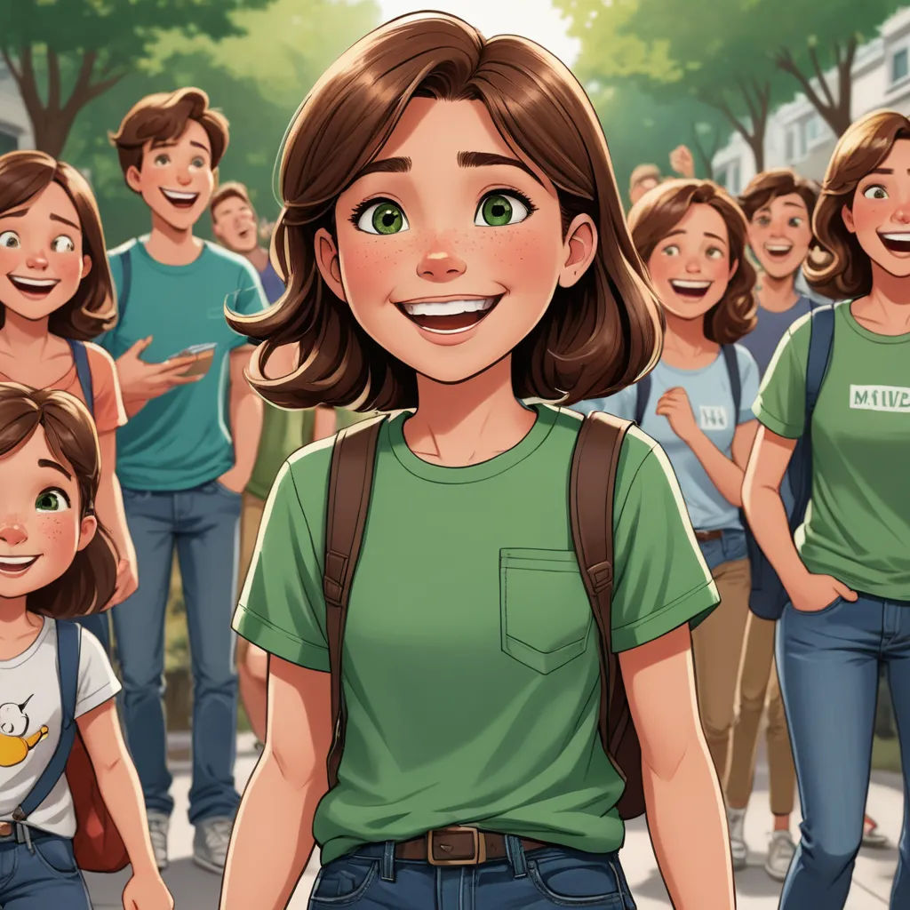 a cartoon of a woman with a group of people behind her smiling at the camera, with a green shirt on, remodernism, a storybook illustration, disney, official art