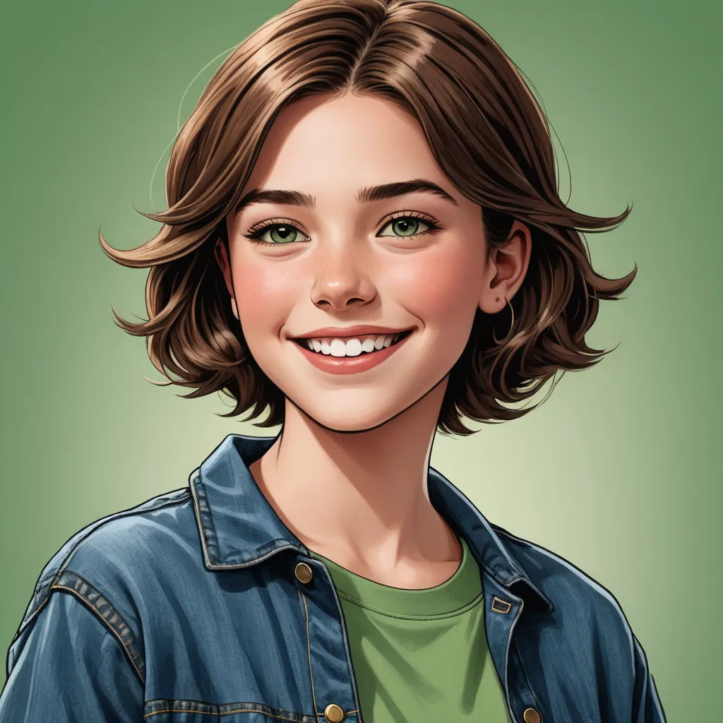 a digital painting of a woman with a green shirt and jean jacket on, smiling at the camera, with a green background, photorealism, a character portrait, Constance Gordon-Cumming, ultra realistic illustration