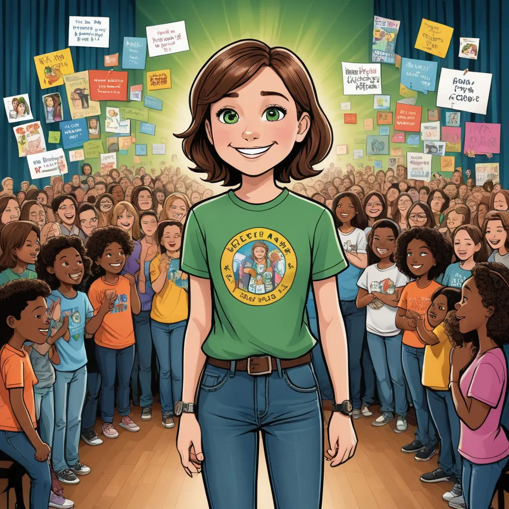 a cartoon of a woman standing in front of a crowd of people with signs on the walls behind her, private press, a character portrait, Elinor Proby Adams, comic cover art