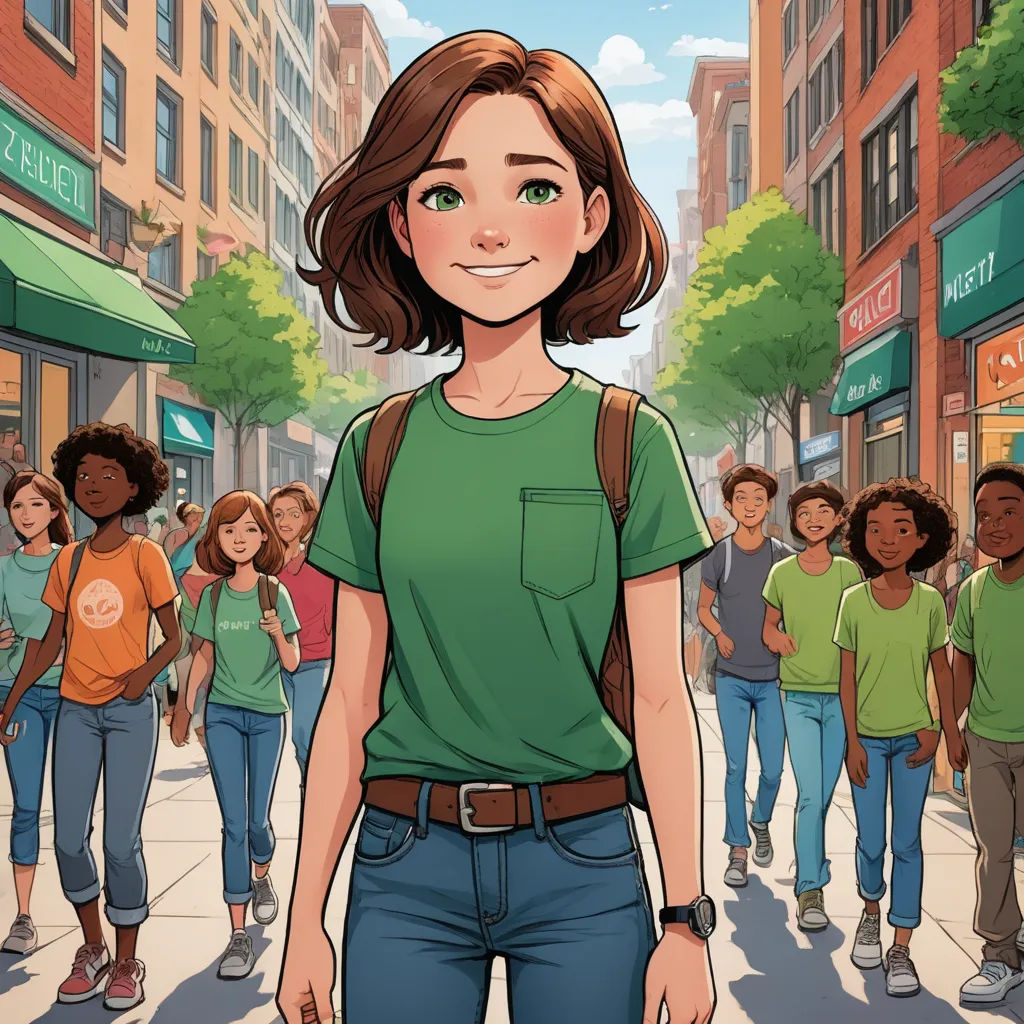 a woman standing in front of a crowd of people on a city street with buildings in the background and a green shirt on, les automatistes, a character portrait, Claire Falkenstein, comic cover art