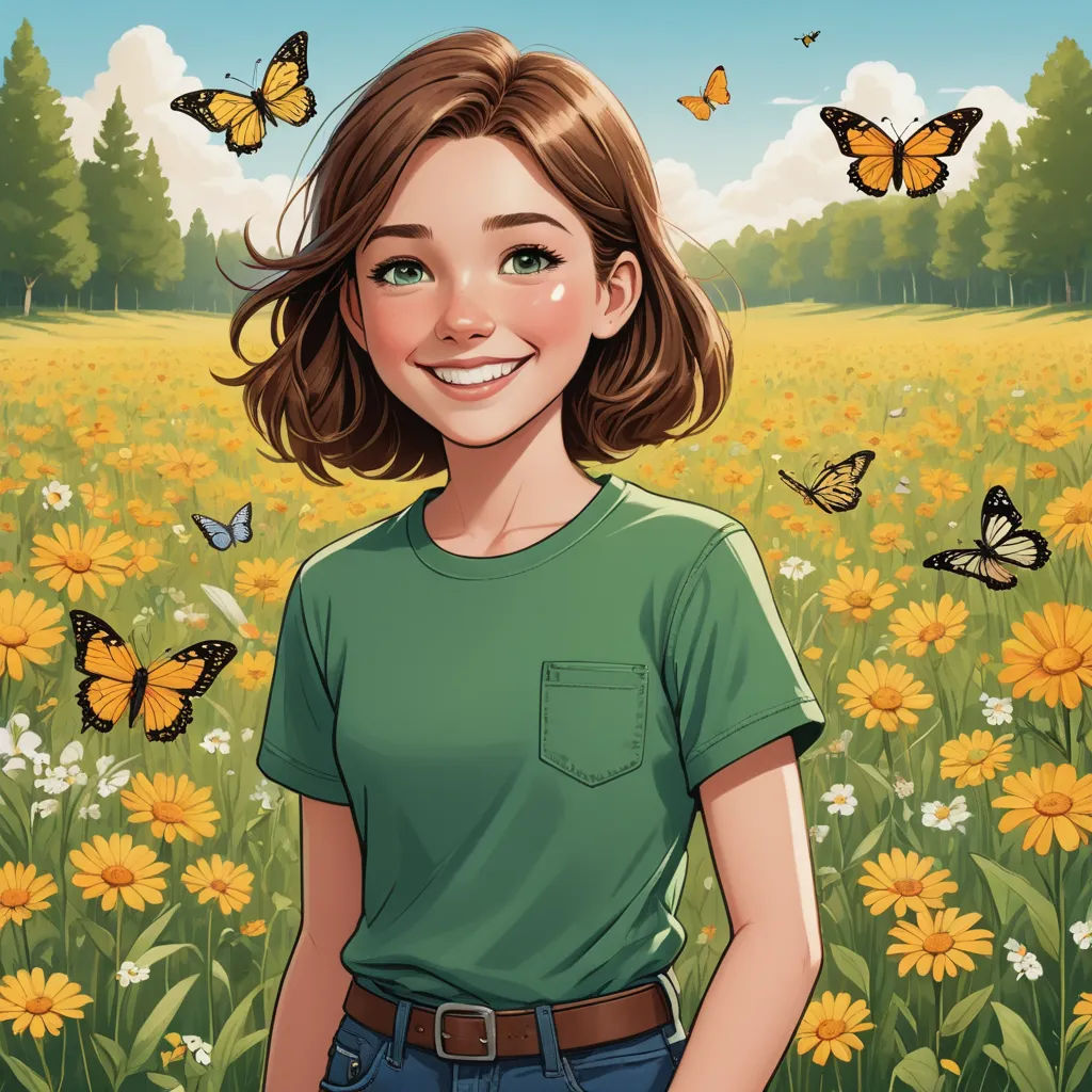 a girl standing in a field of flowers with butterflies flying around her and smiling at the camera, with a field of yellow flowers in the background, naturalism, a character portrait, Elinor Proby Adams, official art