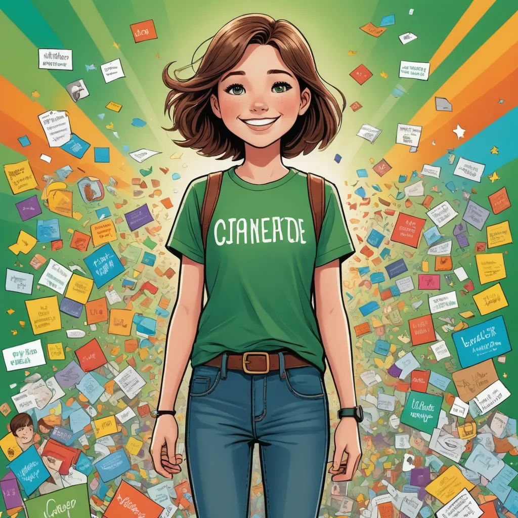 a cartoon of a woman with a green shirt and blue jeans and a green background with many books floating around, les automatistes, a character portrait, Claire Falkenstein, comic cover art