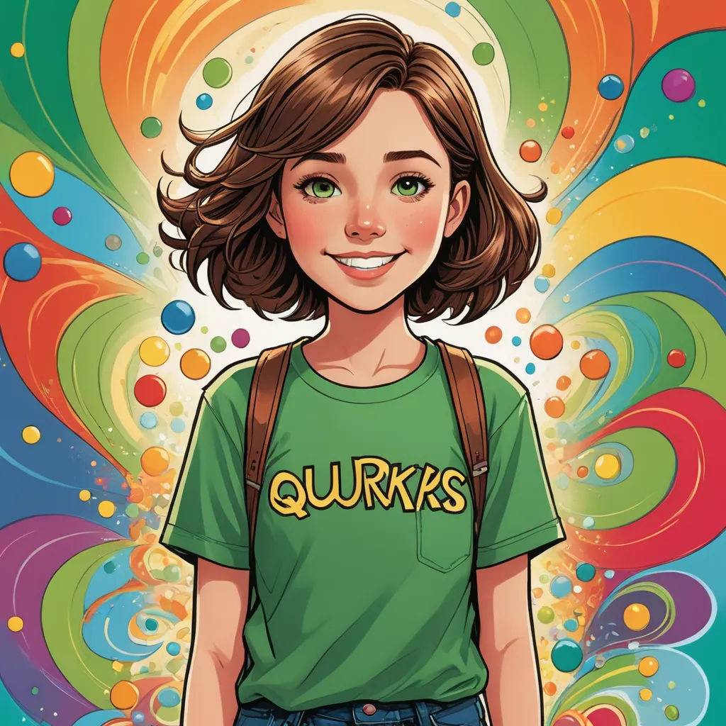 a girl with a backpack standing in front of a colorful background with bubbles and bubbles on it, and the words quirkys on the front, process art, a character portrait, Clarice Beckett, comic cover art