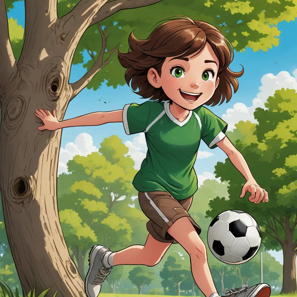 a young girl is playing soccer in the park with a ball in her hand and a tree behind her, lyco art, a storybook illustration, Diego Gisbert Llorens, book cover
