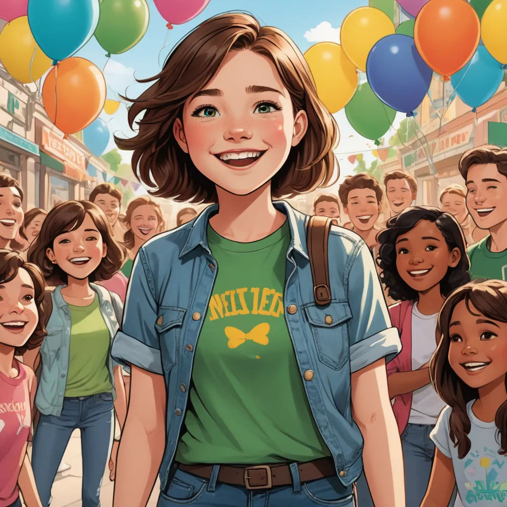 a girl standing in front of a crowd of people with balloons in the air above her head and a smiling girl in a green shirt, magical realism, a storybook illustration, Ada Gladys Killins, comic cover art