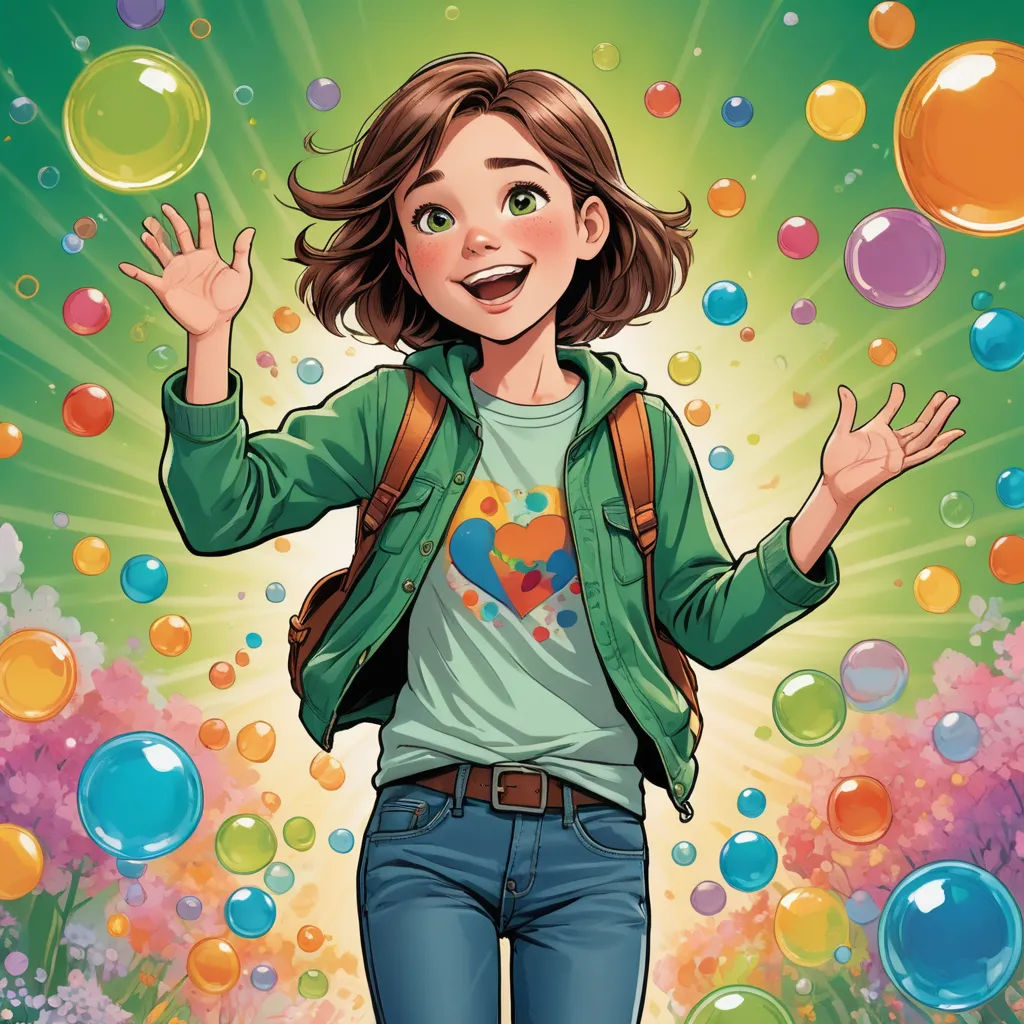 a girl with a backpack and bubbles in the air and a green background with bubbles in the air and a green background with bubbles, process art, a comic book panel, Cliff Childs, comic cover art