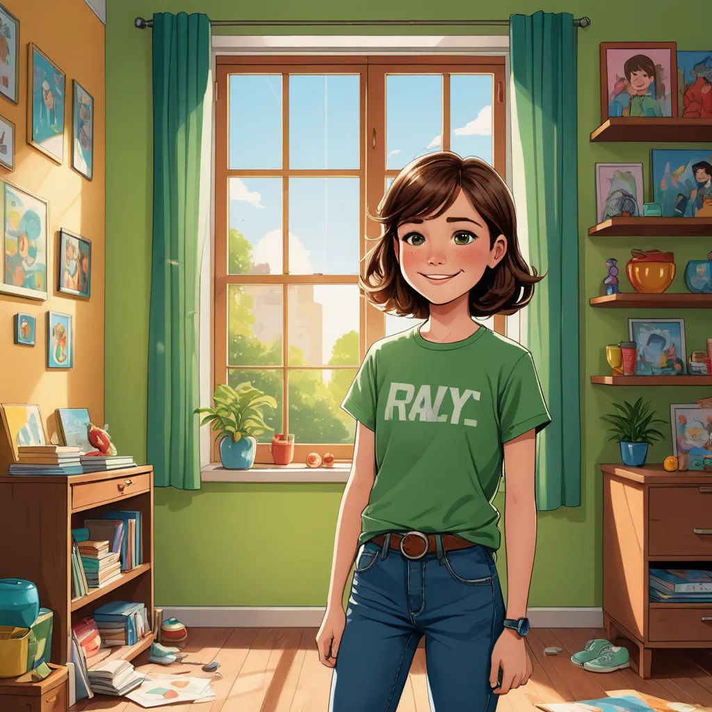 a girl in a green shirt standing in a room with a window and a green wall with pictures on it, photorealism, a character portrait, Ada Gladys Killins, official art