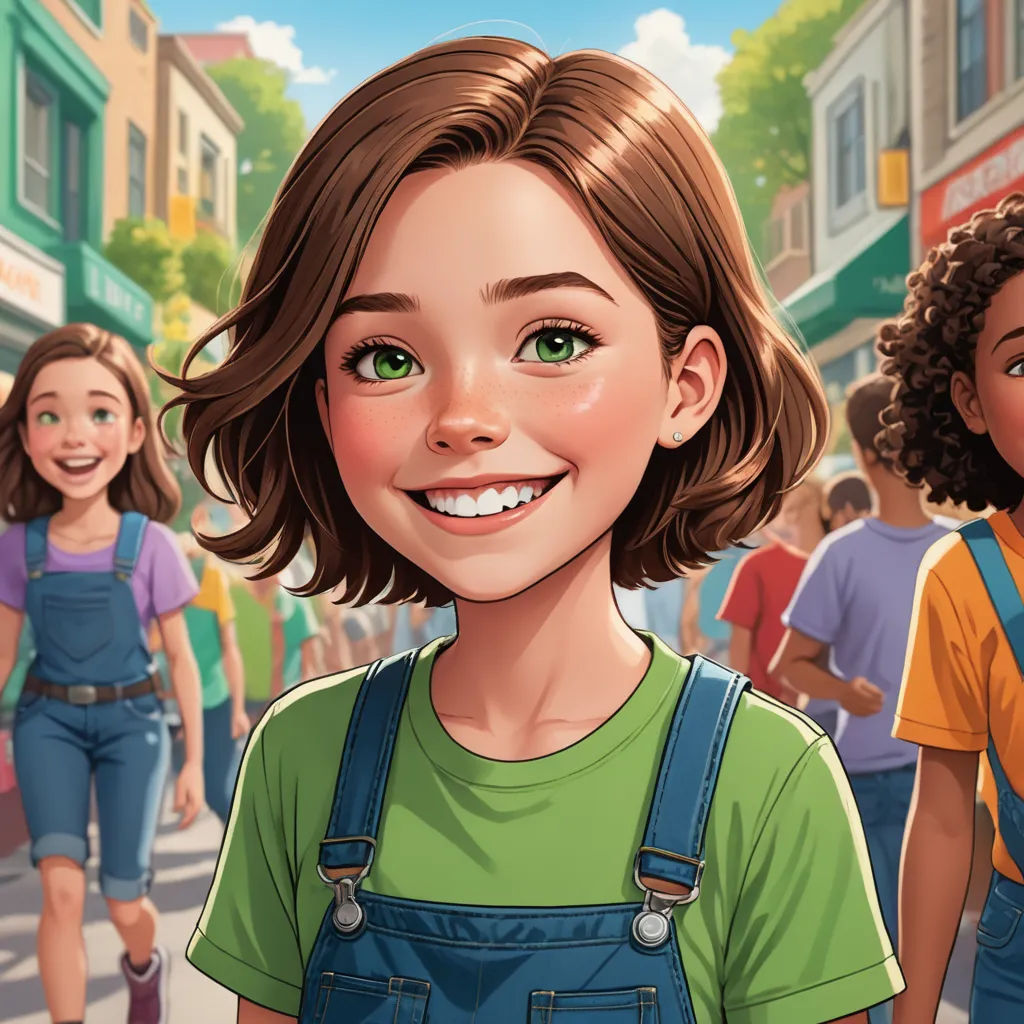 a cartoon of a girl with green eyes and overalls on a city street with people walking by her, american scene painting, a storybook illustration, Constance Gordon-Cumming, official art