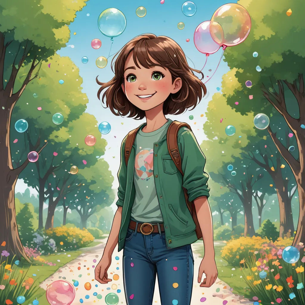 a girl is standing in the middle of a park with bubbles floating in the air and trees and bushes, fantasy art, a character portrait, Cliff Childs, comic cover art