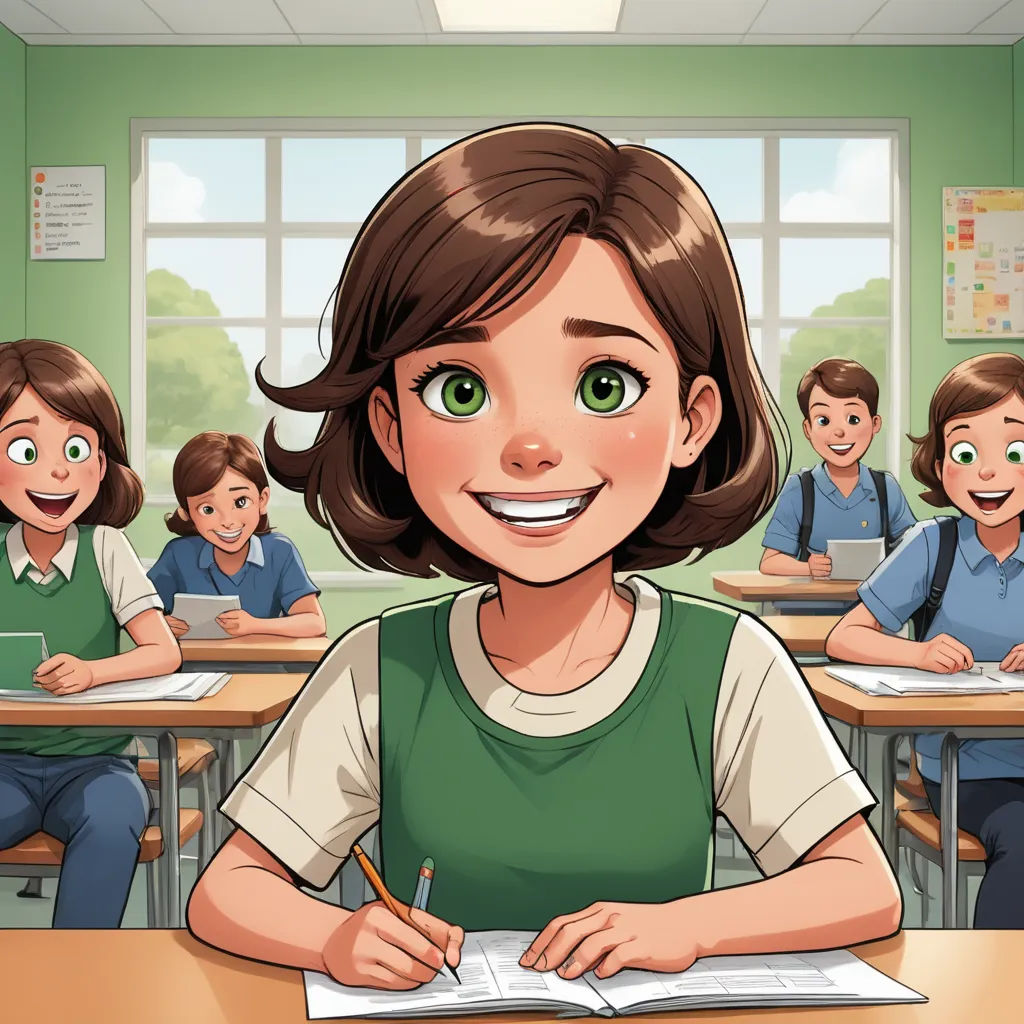 a girl is smiling while sitting at a desk with a book and pencil in front of her and other children behind her, paris school, a comic book panel, Claire Falkenstein, comic cover art