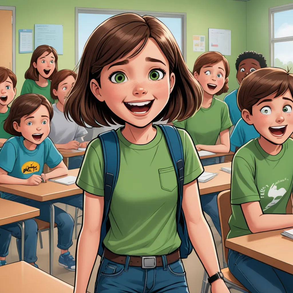 a cartoon girl standing in front of a classroom full of students with a laptop computer in her hand and smiling, vancouver school, a comic book panel, Claire Falkenstein, official art
