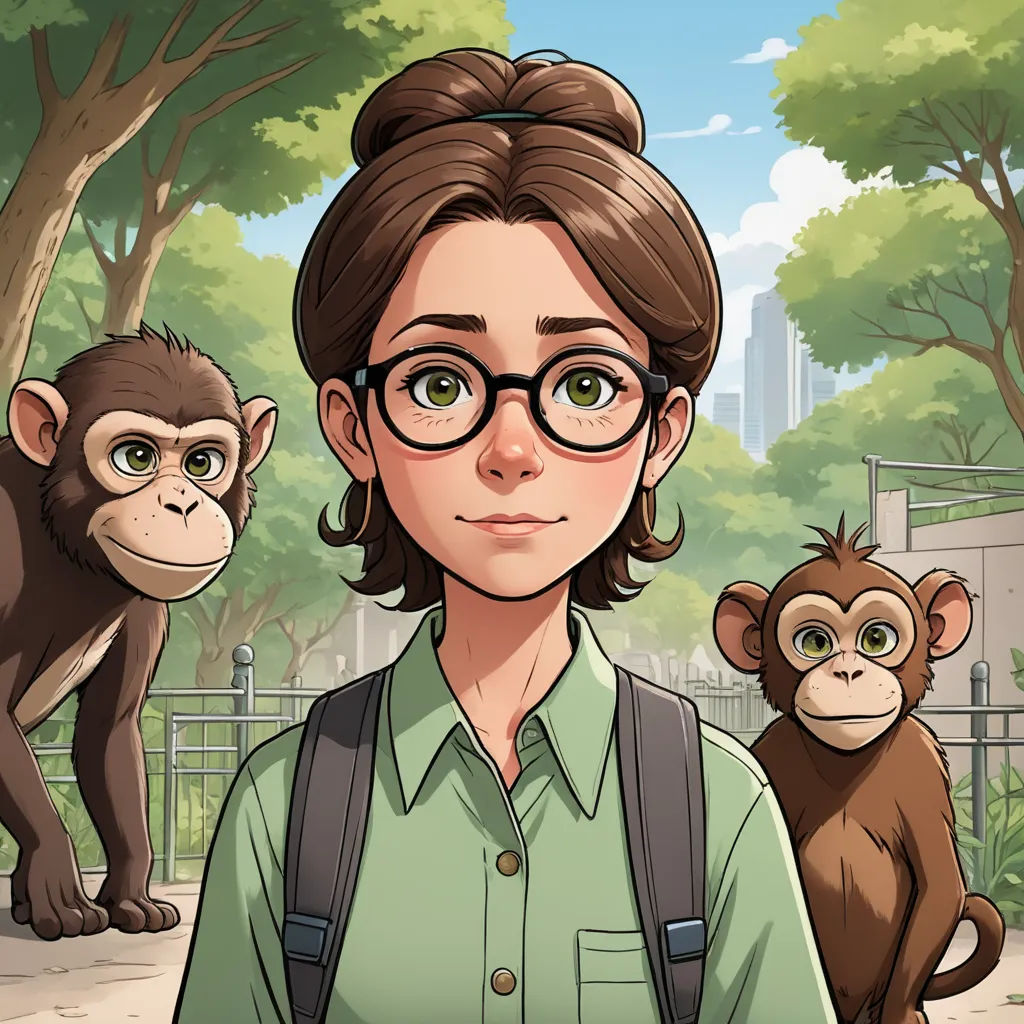 a woman with glasses and a monkey on her shoulder is standing in front of her, in a cartoon style, furry art, a character portrait, Ada Gladys Killins, official art