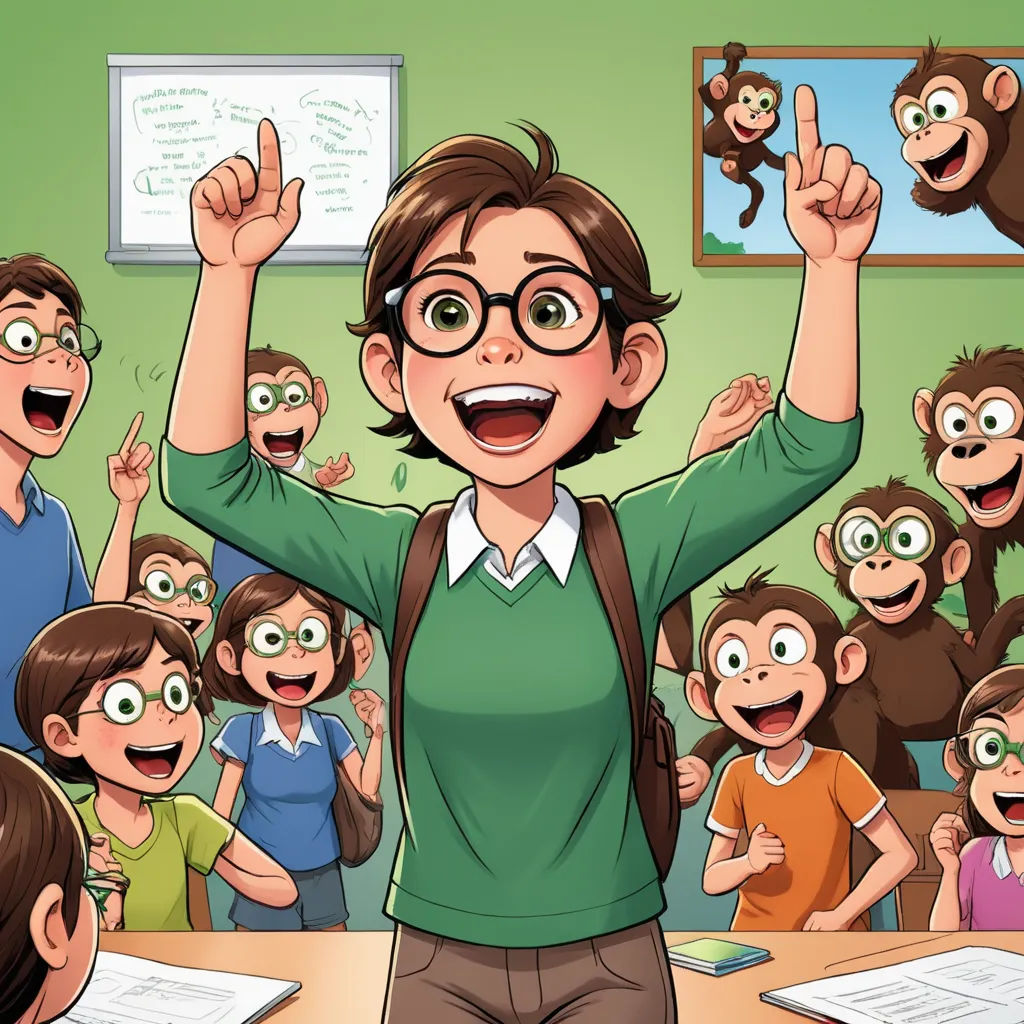 a cartoon of a woman with glasses and a group of children in the background with a monkey on the wall, bengal school of art, a comic book panel, Diego Gisbert Llorens, comic cover art