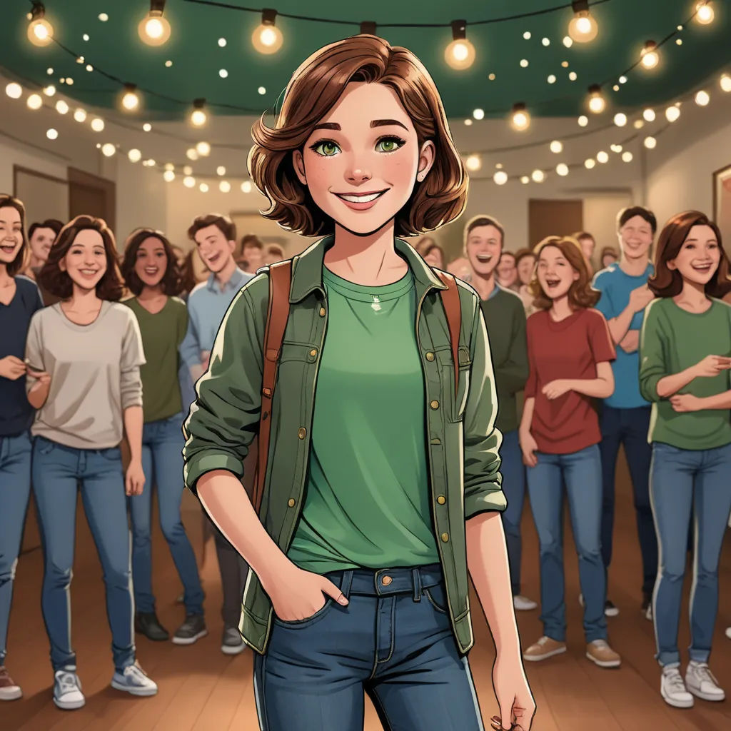 a cartoon of a woman standing in front of a group of people in a room with lights on the ceiling, paris school, a comic book panel, Florence Engelbach, official art