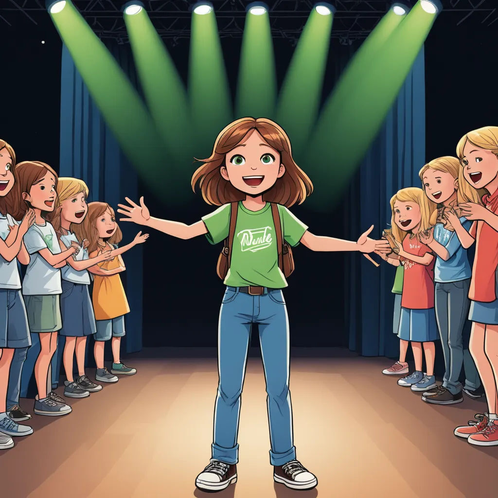 a girl standing in front of a group of children on stage with their arms out and their hands out, american barbizon school, a storybook illustration, Ella Guru, promotional image