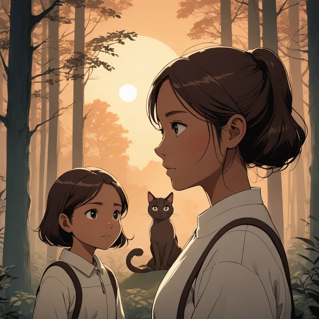 a woman and a cat in a forest at sunset with a full moon in the background and a forest scene, serial art, poster art, Atey Ghailan, comic cover art