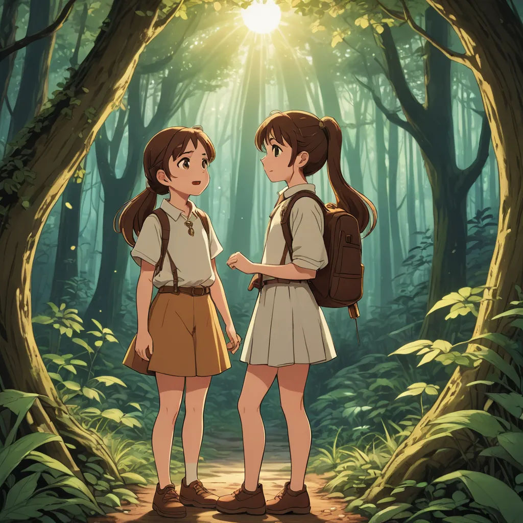 two girls standing in a forest looking at each other with sunlight shining through the trees behind them and a forest with green leaves, neo-romanticism, poster art, Anne Said, official art