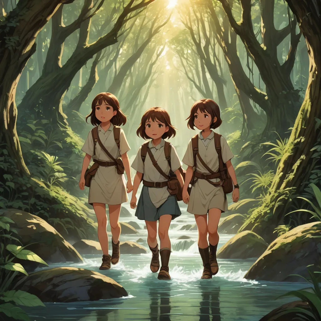two girls walking through a forest with a stream in front of them and a sun shining through the trees, rayonism, poster art, disney, ghibli