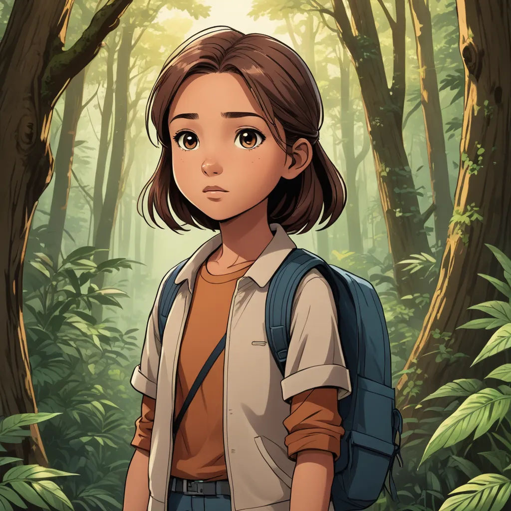 a girl with a backpack standing in a forest with trees and ferns behind her, looking at the camera, sots art, a character portrait, Cedric Seaut (Keos Masons), maya