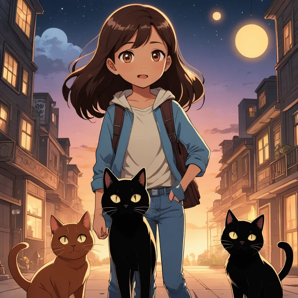 a girl standing next to two cats on a street at night with a full moon in the background and a full moon in the sky, rayonism, poster art, Chizuko Yoshida, official art