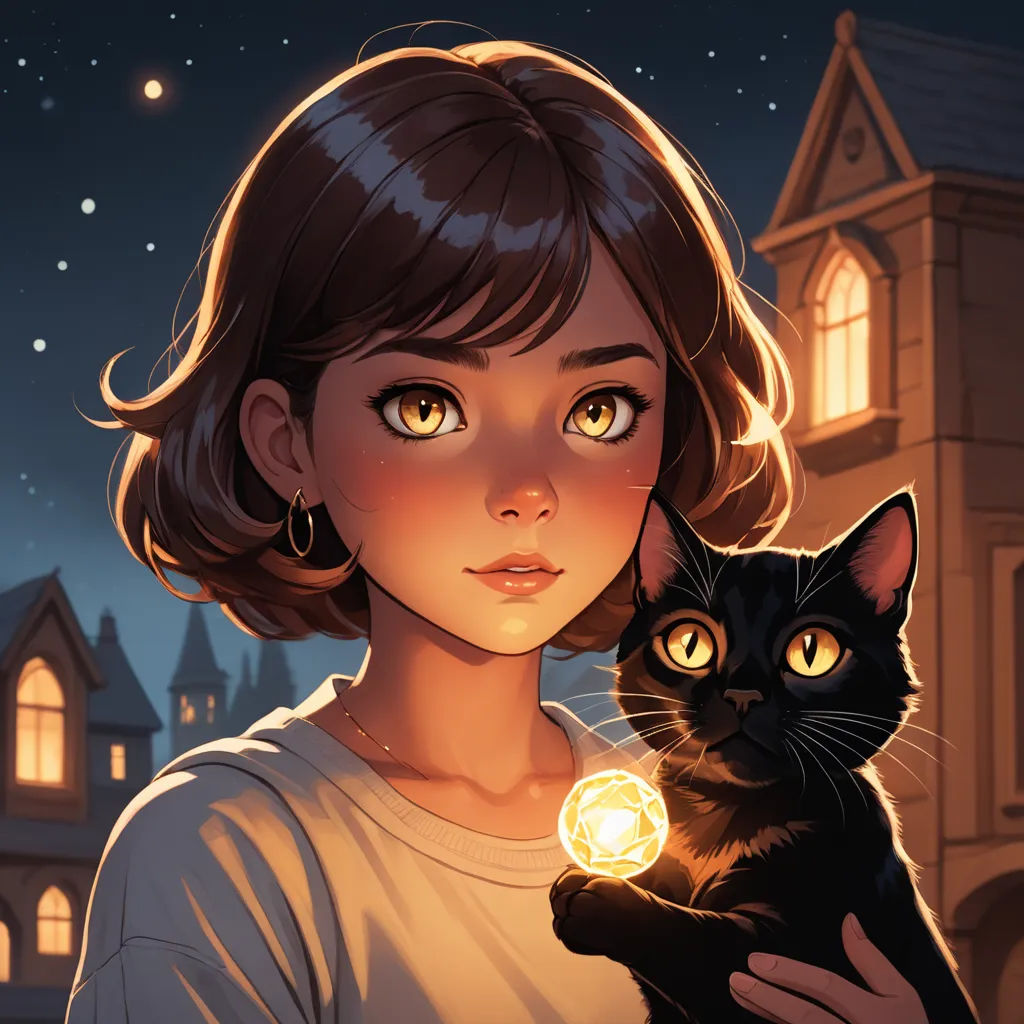 a girl holding a cat in front of a house at night with a glowing orb in her hand and a glowing orb in her hand, fantasy art, a character portrait, Atey Ghailan, rossdraws global illumination