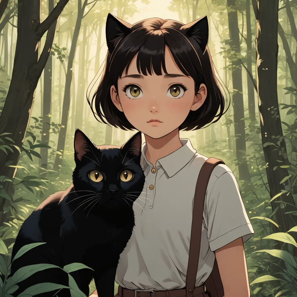 a girl with a black cat in a forest with trees and plants behind her, looking at the camera, fantasy art, a character portrait, Atey Ghailan, cushart krenz