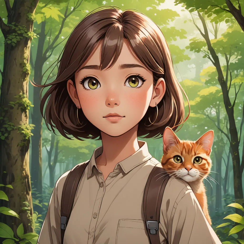 a girl with a cat in a forest with trees and bushes behind her is looking at the camera with a serious look on her face, furry art, a character portrait, Chen Hong, official art