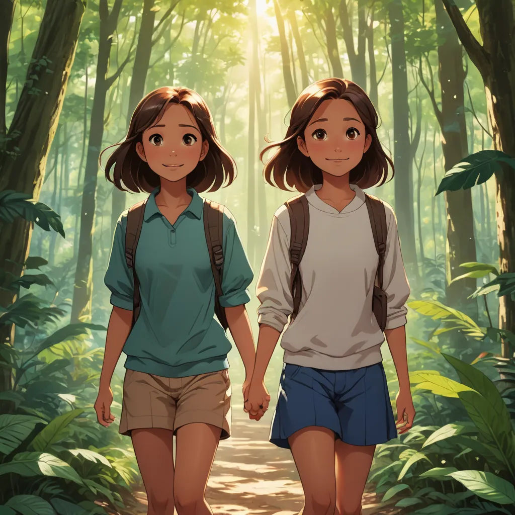 two young girls walking down a forest path holding hands and smiling at the camera, with the sun shining through the trees behind them, rayonism, a painting, Atey Ghailan, rossdraws global illumination