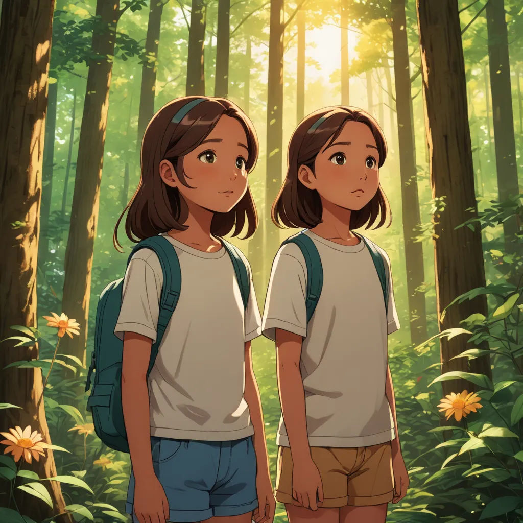 two young girls standing in a forest with a sun shining through the trees behind them, with a backpack on their shoulders, serial art, a detailed matte painting, Atey Ghailan, rossdraws global illumination