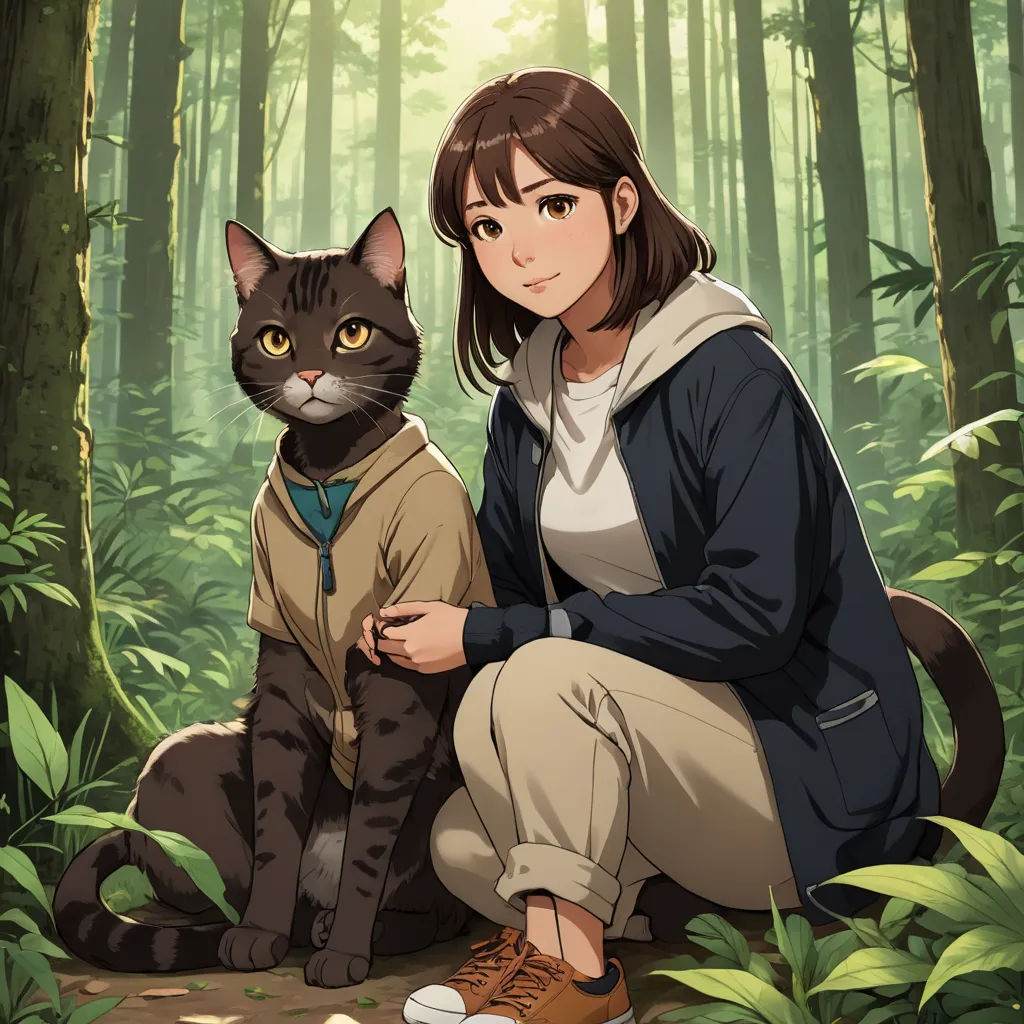 a woman kneeling down next to a cat in a forest with trees and bushes behind her, with sunlight shining through the trees, sots art, a character portrait, Ai-Mitsu, official art