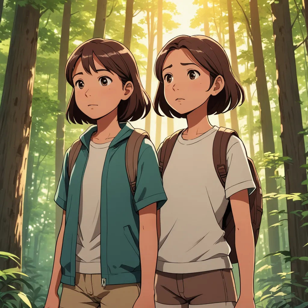 two people standing in the woods with trees in the background and sunlight shining through the trees behind them,, serial art, concept art, Eizan Kikukawa, official art
