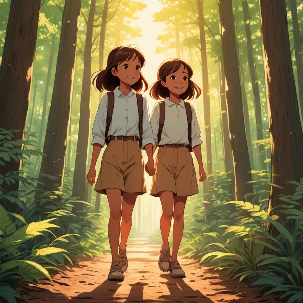 two young girls walking down a path in the woods with backpacks on their shoulders and a forest background, environmental art, poster art, Atey Ghailan, ghibli