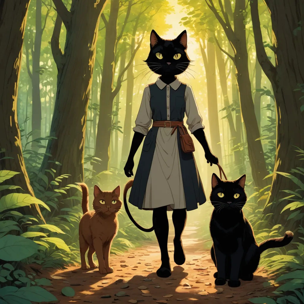 a woman in a dress and two cats in a forest with sunlight coming through the trees and leaves on the ground, furry art, poster art, Anne Said, official art