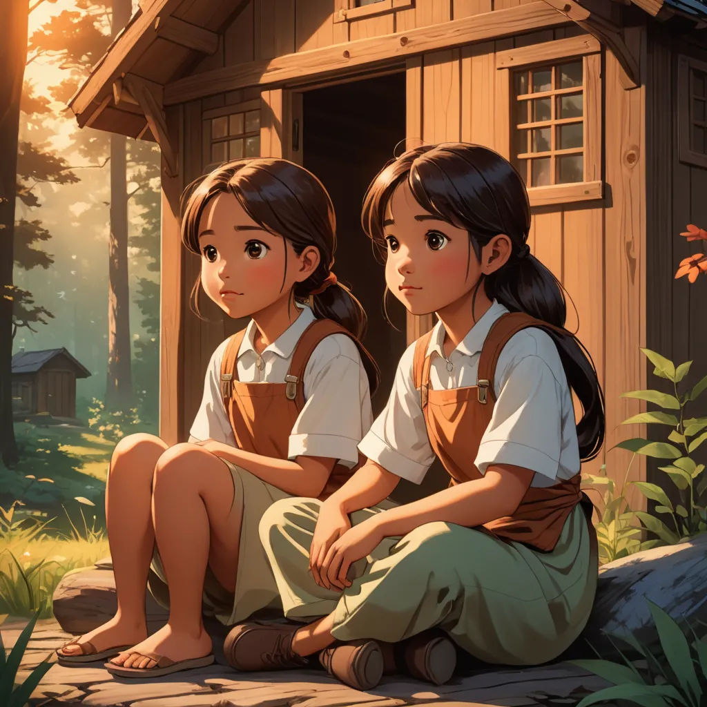 two young girls sitting on a rock in front of a cabin in the woods, with a dog nearby, american scene painting, a storybook illustration, Brothers Hildebrandt, rossdraws global illumination